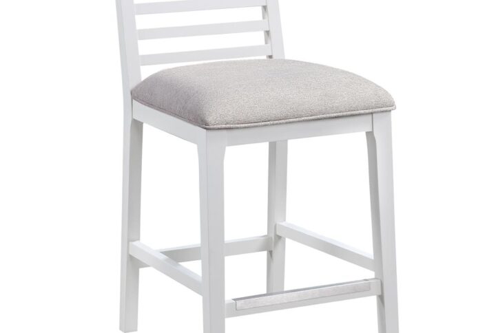 The Siri Counter Stool offers a low profile design with clean lines and a neutral palette to enhance most any décor.  The solid wood frame features a white finish with a comfortable upholstered seat in an easy to clean grey polyester fabric.