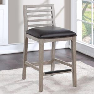 The Siri Counter Stool offers a low profile design with clean lines and a neutral palette to enhance most any décor.  The solid wood frame features a soft driftwood finish with a comfortable upholstered seat in an easy to clean dark brown bonded leather.