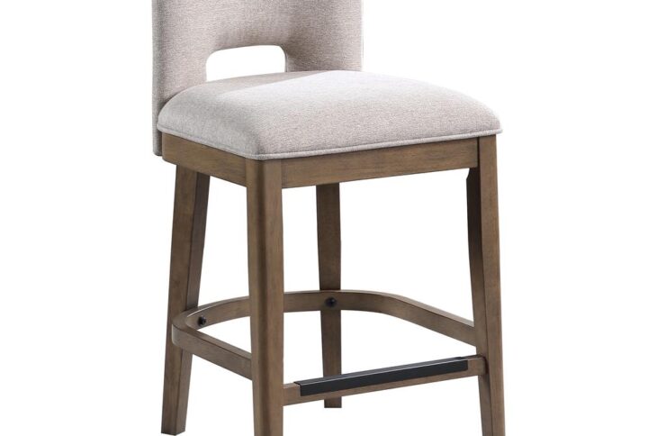 The Bistro Counter Stool adds modern style with comfort to your bar or counter space.  The solid wood frame features a warm chestnut finish with a comfortable upholstered seat and back in an easy to care for polyester fabric.  Curved stretchers adds stability and eye catching design.