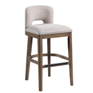 The Bistro Bar Stool adds modern  style with comfort to your bar or counter space.  The solid wood frame features a warm chestnut finish with a comfortable upholstered seat and back in an easy to care for polyester fabric.  Curved stretchers adds stability and eye catching design.