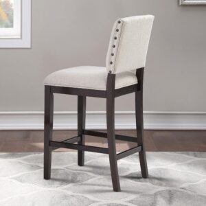 the Lynwood counter stool is founded on a solid hardwood frame finished in rich Walnut with ivory polyester fabric upholstery on the seat and back.  Stylish welted seams