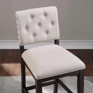 the Lynwood bar stool is founded on a solid hardwood frame finished in rich Walnut with ivory polyester fabric upholstery on the seat and back.  Stylish welted seams