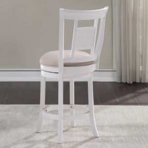 this sturdy stool features a slat style back with decorative louvered inset.  A comfortable padded seat is upholstered in durable and easy to clean woven ivory polyester fabric.  A 360-degree swivel lets you twist and turn for easy on and off