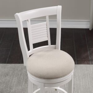 this sturdy stool features a slat style back with decorative louvered inset.  A comfortable padded seat is upholstered in durable and easy to clean woven ivory polyester fabric.  A 360-degree swivel lets you twist and turn for easy on and off