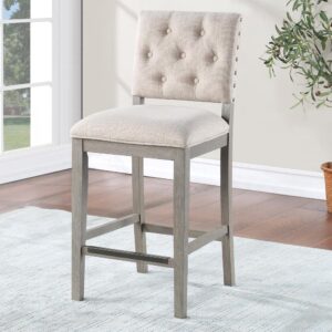 Comfort awaits with the stylish Ellesse Counter Height Stool with a solid hardwood frame finished in a weathered gray with easy to care for cream polyester fabric upholstery on the seat and back.   Stylish welted seams