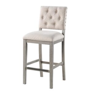 Comfort awaits with the stylish Ellesse Bar Height Stool with a solid hardwood frame finished in a weathered gray with easy to care for cream polyester fabric upholstery on the seat and back.   Stylish welted seams