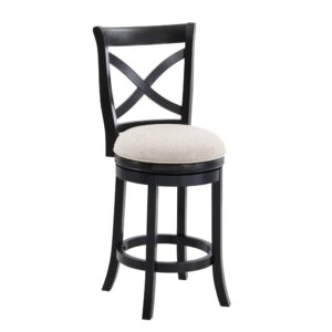 The Belmont Stool offers a casual look that will complement most any decor.  Solid hardwood frame with a light gray upholstered swivel seat and French Curve X back.  Available in your choice of White or Black finish and Counter or Bar Height.  Your purchase includes one stool.