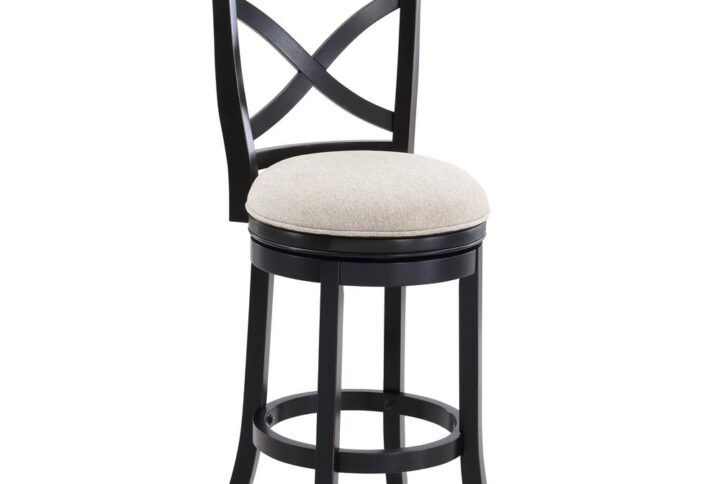 The Belmont Stool offers a casual look that will complement most any decor.  Solid hardwood frame with a light gray upholstered swivel seat and French Curve X back.  Available in your choice of White or Black finish and Counter or Bar Height.  Your purchase includes one stool.