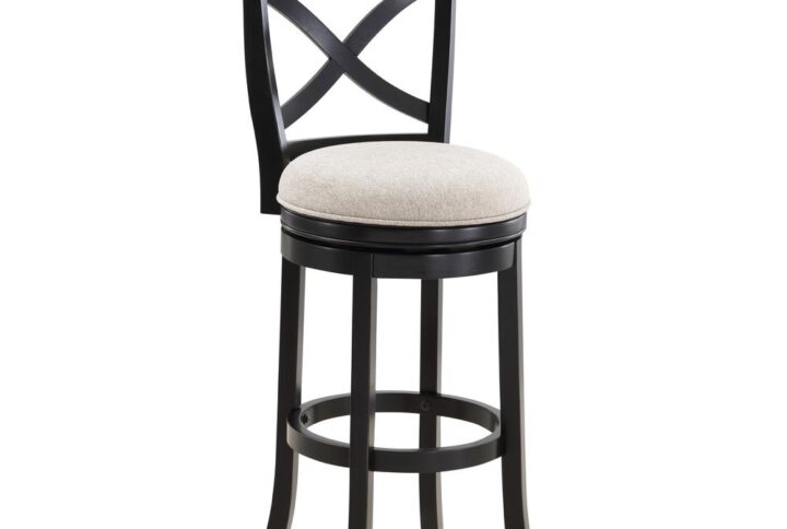 The Belmont Stool offers a casual look that will complement most any decor.  Solid hardwood frame with a light gray upholstered swivel seat and French Curve X back.  Available in your choice of White or Black finish and Counter or Bar Height.  Your purchase includes one stool.