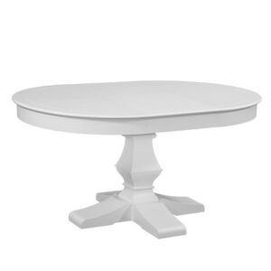 the 42" table round table extends to a 60" oval" with the included 18" leaf  for seating for up to 6.  The top features a carved line border and the sturdy decorative pedestal adds to the cottage charm.  Your purchase includes one round pedestal table with 18" leaf included.
