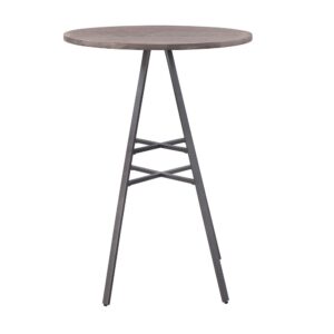 while adding minimalist style.  The 30" round driftwood grey top is supported by a sturdy metal base in a powder coated slate grey finish.  Your purchase includes one bar height table.