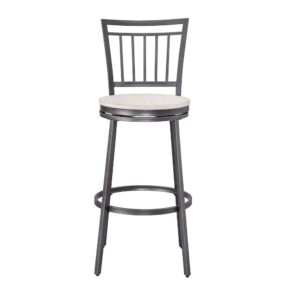 and clean design.  The sturdy frame is crafted from steel with a slate grey powder coated finish and a whitewashed hardwood seat.  Features include a full back with metal slat back design for support and comfort and a swivel seat for functionality.  Your purchase includes one bar height stool.
