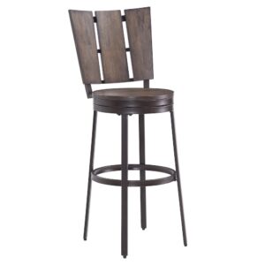 Modern flair and a rugged edge combine to form the Greyfield Bar Stool. The wide vertical slat back and wood seat are finished in a deep espresso with a sturdy powder coated dark metal frame. Features include a 360 degree swivel seat