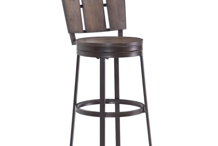 Modern flair and a rugged edge combine to form the Greyfield Bar Stool. The wide vertical slat back and wood seat are finished in a deep espresso with a sturdy powder coated dark metal frame. Features include a 360 degree swivel seat