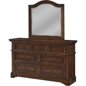 Make the warm and welcoming Stonebrook Bedroom collection a part of your home.  The rich tobacco finish is lightly distressed giving character to this well crafted collection.  The Stonebrook Dresser and Mirror features 7 drawers for abundant storage along with detailed molding and hammered metal knobs and drawer pulls.  To prevent snagging