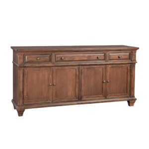 The Sedona Entertainment Console Collection is trending for a look that is rustic yet refined.  The distressed antique cinnamon cherry finish with rub through and detailed molding creates a sense of vintage charm in an up to date style.  Sturdily crafted of hard wood solids with Mango veneers and featuring drawers with English dovetail joinery and full extension ball bearing metal side guides for ease of operation.  Cabinets reveal adjustable shelf with cord management ports.