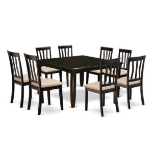 This versatile dinette set can be used in the dining room or kitchen. It is constructed entirely from solid Asian hardwood featuring polished Cappuccino-colored table tops with beveled edges and stylish Black frames and legs. The set comes with a main table and four high-back chairs plus a bench