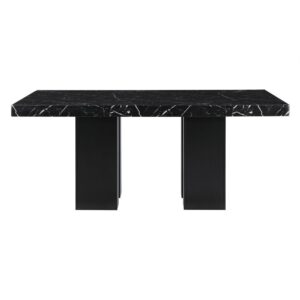 Black Faux marble design with an extra thick top and a double pedestal base with silver connectors. The chairs and channel backed and the legs match the color of the base.