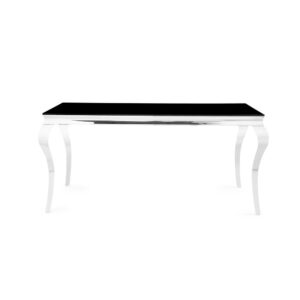This ornately elegant Dining Table by Global Furniture will create drama and impact to any dining room environment. Featuring polished stainless steel Queen Anne Style legs and black glass top sure to accommodate all your dining needs.