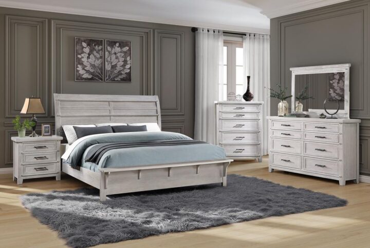 The Levi features an upscale farmhouse design that incorporates traditional farmhouse elements with some modern touches. The extra thick tops on the dresser