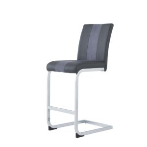 this two-toned barstool will transform your room and add comfort and charm. This barstool is upholstered in tones of grey faux leather (PU) and fabric