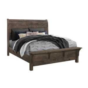 slatted headboard and low-profile footboard with a shelf add a touch of elegance while providing practicality. The matching case pieces offer ample storage space
