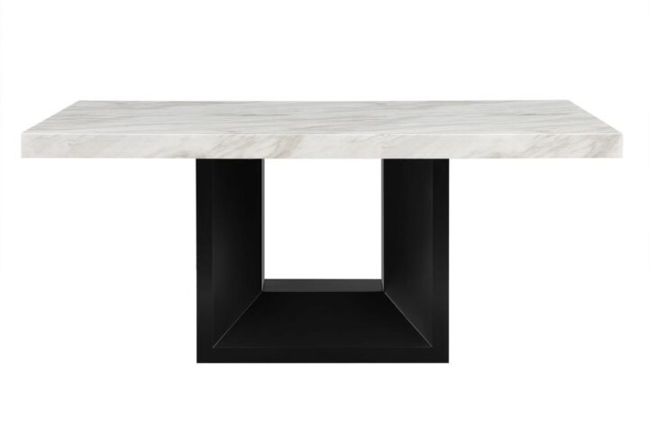 White Faux marble design with extra thick top and a large angle cut wood base. The black upholstered chairs match the base the nail head trim accents the seat and back.