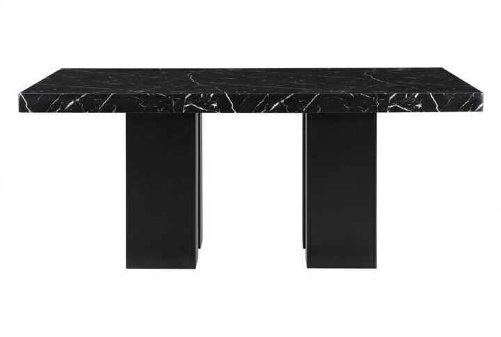Black Faux marble design with an extra thick top and a double pedestal base with silver connectors. The chairs and channel backed and the legs match the color of the base.