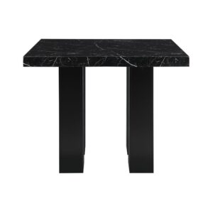 Black Faux marble counter table design with an extra thick top and a double pedestal base with silver connectors. The chairs have nail head trim tat accent the seat and back. The leg color matches the table base.