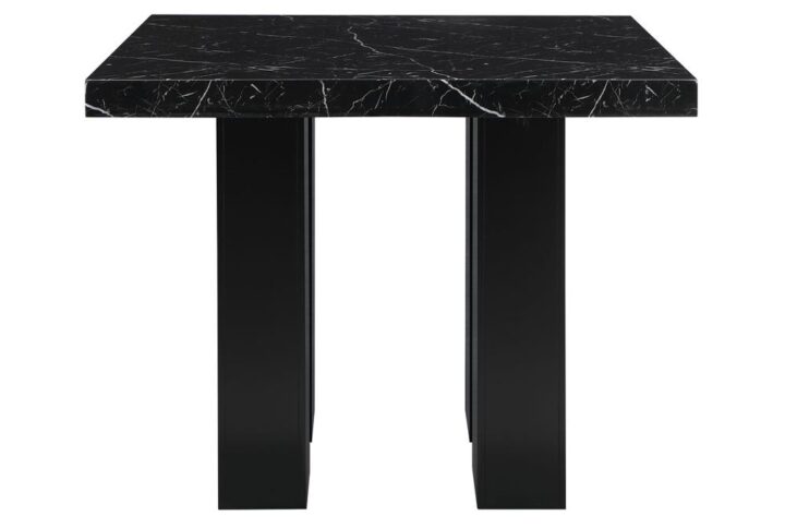 Black Faux marble counter table design with an extra thick top and a double pedestal base with silver connectors. The chairs have nail head trim tat accent the seat and back. The leg color matches the table base.