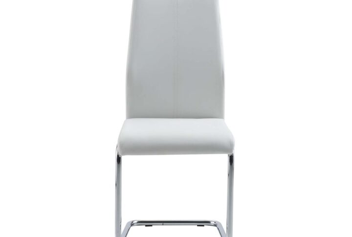 Presenting these stylish and sleek armless dining chairs covered in easy to clean white faux leather