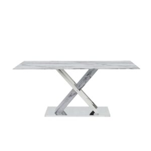 Get all the look of elegant Carrara marble with this stunning yet practical glass-top dining table.  Design elements include an x-base design with polished stainless steel accents.  This table offers plenty of space for all of your entertaining needs.