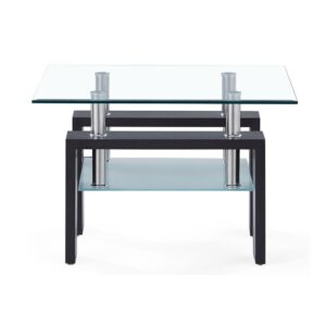 Featuring a clear tempered glass table top and dark walnut legs