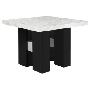 White Faux marble counter table design with an extra thick top and a double pedestal base with silver connectors.