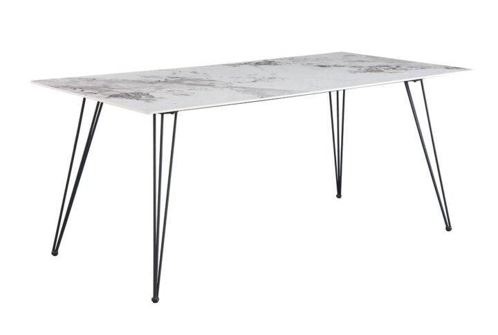 This unique designed dining table has a marble style look but is a marble image under glass. This gives you the look of marble but the maintenance of glass. That combination is perfect for high usage with longevity. The metal legs add stability and style. The swivel arm chairs add comfort along with design. The swivel chairs make it easy to get in and out. You can enjoy this in any home with any atmosphere.