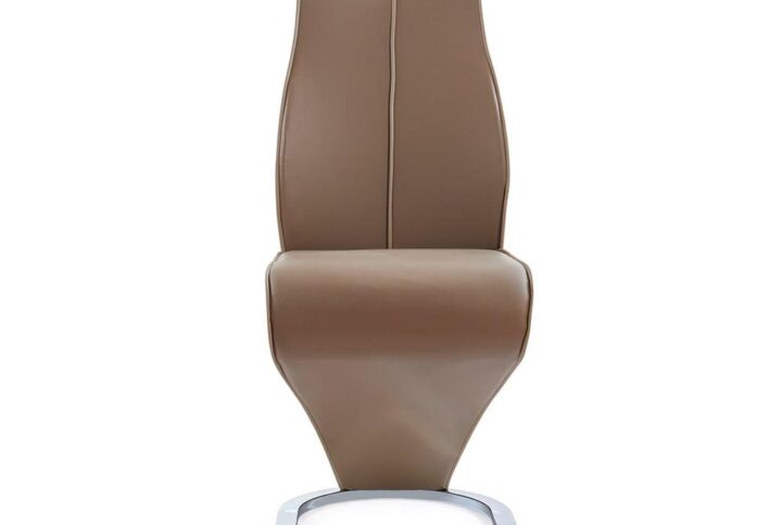 Ultra-modern in look and comfy in feel highlight this remarkable dining chair. The Z-style design of this chair is complemented by Cappuccino tones and metallic base and seat back handle