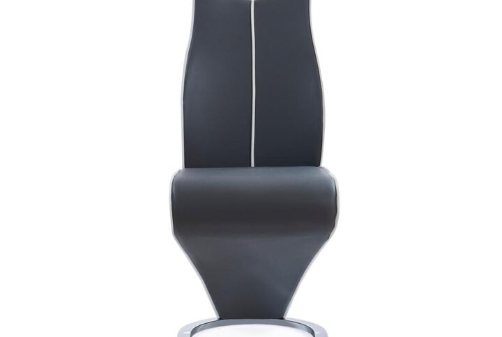 Ultra-modern in look and comfy in feel highlight this remarkable dining chair. The Z-style design of this chair is complemented by the dark gray tones and metallic base and seat back handle