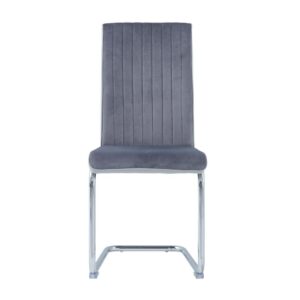 This dining chair will always be a stylish spot to sit back and be comfortable in your entertaining space. Constructed with a chrome metal frame for support with a contrasting light grey faux leather trim