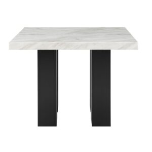 White Faux marble counter table design with an extra thick top and a double pedestal base with silver connectors. The chairs have channel backs . The leg color matches the table base.