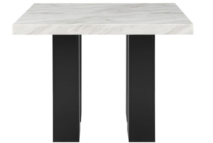 White Faux marble counter table design with an extra thick top and a double pedestal base with silver connectors. The chairs have channel backs . The leg color matches the table base.