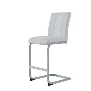 this two-toned barstool will transform your room and add comfort and charm. This barstool is upholstered in tones of white faux leather (PU) and fabric