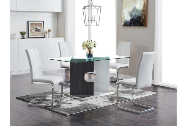 What host wouldn't want to entertain family and friends around this elegant and spacious contemporary dining table?  This attractive table features a striking double pedestal base in gray wash and white finish