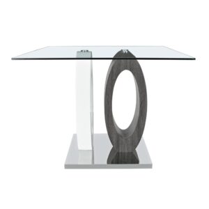 Striking looks and ultra-modern design. This stylish rectangular shaped glass top bar table is finished with a two toned white and wood grain oval pedestal style base and stainless steel support leg giving this table a unique and visually dynamic look.  The arrangement of this table makes it a perfect match for your dining area.