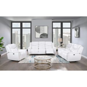 a stunning living room collection that seamlessly blends style and comfort. With power recline and extra plush cushions
