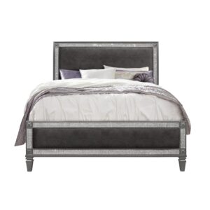 This glamours bed features unique style and design. The bed has a beautifully padded upholstered headboard with embellished crystal that outline the design along with wood corner appliques. The bed has an elegant stance. All the case pieces share the same design and are sold separately. This bed will make any room feel like a castle.