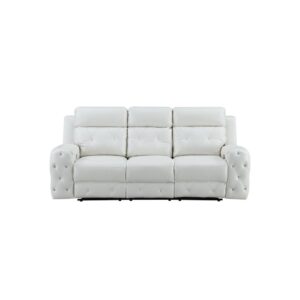 Ultra-contemporary visual appeal and comfortable design happily meet in this stunning power reclining sofa. This roomy yet compact sofa is offered in rich white leather gel material which makes this sofa an easy fit for many room décor settings and style choices. Additional features include plushily padded seats