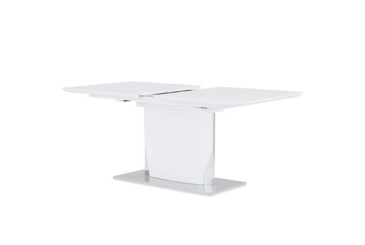 Enjoy cutting-edge and minimalist style that's as eye-catching as it is practical for your contemporary dining space. A high gloss white finish with brushed stainless steel accents is sleek and on-trend. The glass top over white high gloss wood extends from 63in to 87in to accommodate all of your guests