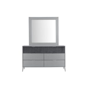 a sleek and modern design crafted with exceptional attention to detail. This collection showcases a rich dark grey finish and an upholstered headboard. There is an upholstered drawer on every case piece of the Enzo
