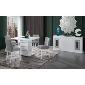 Glass and Acrylic this dining table makes a bold statement. Finished in a White and Silver with a center glass