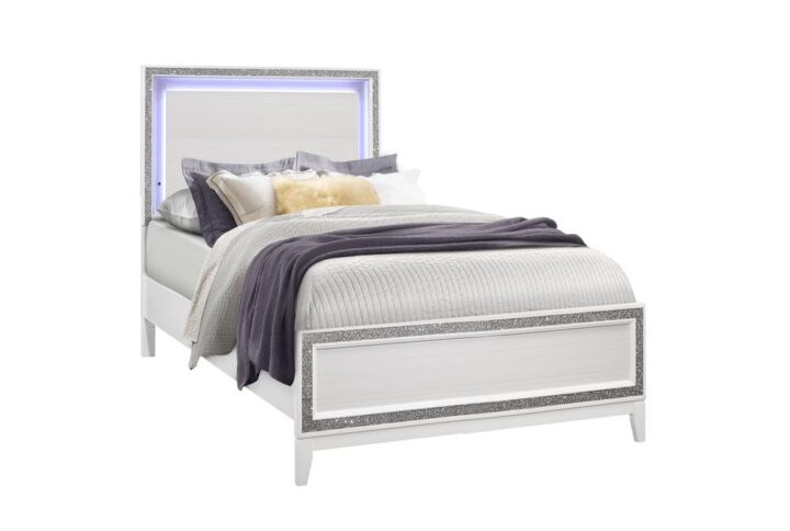 Lily bedroom brings two worlds together. The classic lines and modern accents create a beautiful transitional glam bedroom look. The crushed crystal like look outlines all the pieces along with LED lighting accenting the head board. The crushed crystal like design is not only used as an accent trim but is also carried over to the hardware. The end result is a beautiful glam bedroom.